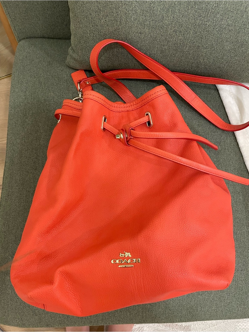 Coach Coral Red Drawstring Leather Shoulder Bag